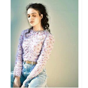 Zara Floral Metallic Lavender Ruched Blouse Size M NEW WITH TAG!